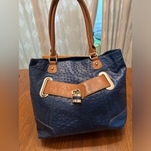 Blue & Tan Tote Bag with Padlock Accent